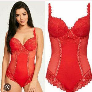 LEPEL Fiore Lace Padded Underwire Plunge Lingerie BODYSUIT 093227 Red Sz 38E